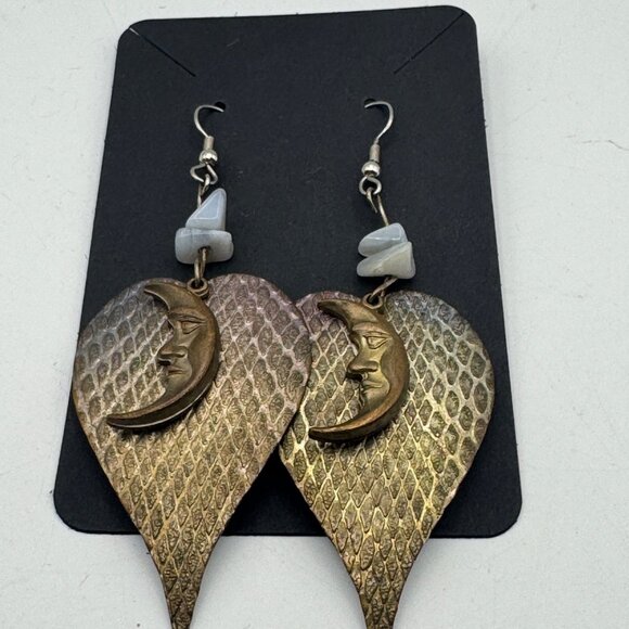 Bronze Crescent Moon & Textured Leaf Earrings With Gray Stone Accents - Picture 2 of 3